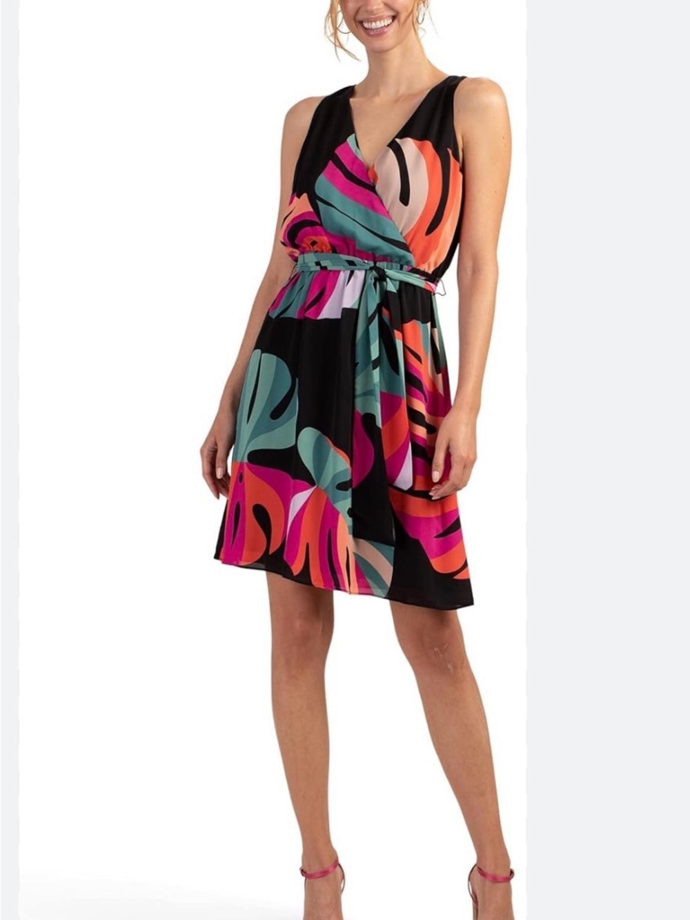 Trina Turk Black Multicolor Abstract Sleeveless Wrap Mini Dress